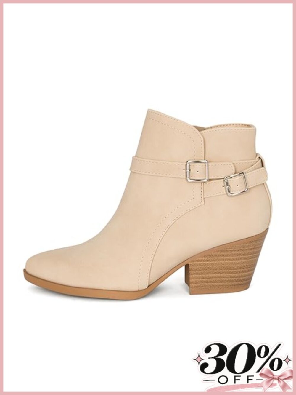 Pointy Toe Ankle Boots Western Stitch Buckle Wood Stacked Heel